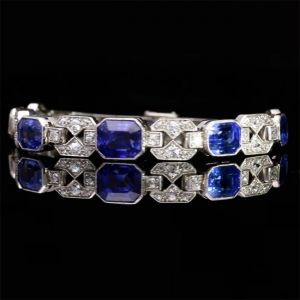 Art Deco Emerald Cut Blue Sapphire Bracelet For Women