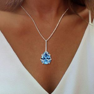 Classic Blue Topaz Pear Cut Pendant Necklace For Women