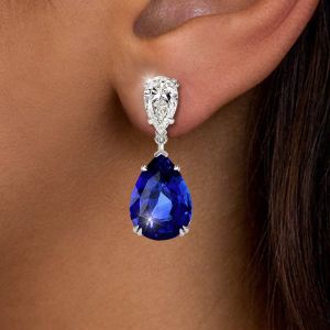 Created Sapphire Pear Cut Drop Earrings