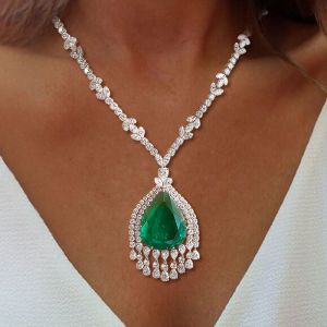 Cluster Design Emerald Sapphire Pear Cut Pendant Necklace For Women