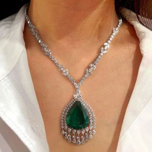 Cluster Design Emerald Sapphire Pear Cut Pendant Necklace For Women