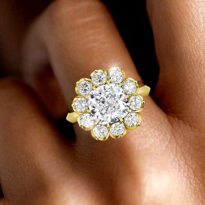 Golden Halo Cushion Cut White Sapphire Engagement Ring For Women