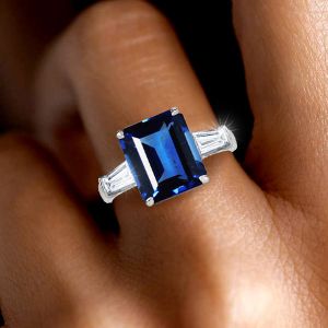 Emerald & Baguette Cut Blue Sapphire Engagement Ring For Women