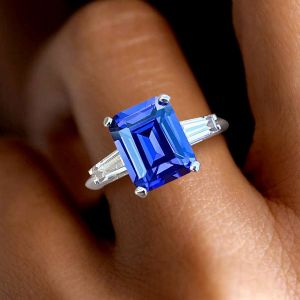 Emerald & Baguette Cut Blue Sapphire Engagement Ring For Women