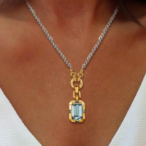 Two Tone Emerald Cut Aquamarine Sapphire Pendant Necklace