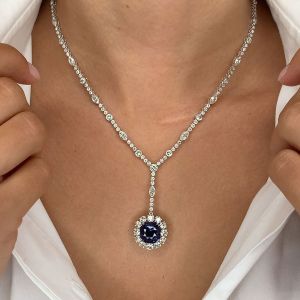 Vintage Inspired Halo Cushion Cut Royal Blue Sapphire Necklace