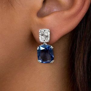 Double Prong Cushion Cut Blue Sapphire Drop Earrings
