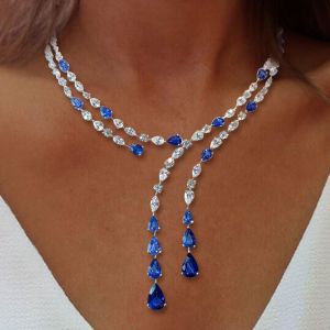 Layer Design Pear Cut Blue Sapphire Lariat Necklace For Women Next Jewelry