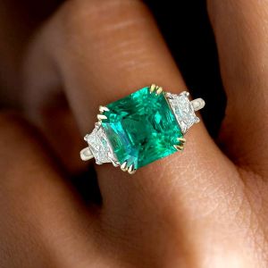 Three Stone Asscher Cut Emerald Sapphire Engagement Ring