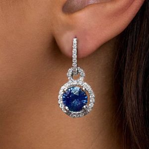 Halo Round Cut Blue Sapphire Drop Earrings For Women