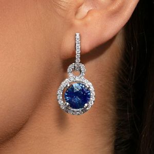 Halo Round Cut Blue Sapphire Drop Earrings For Women