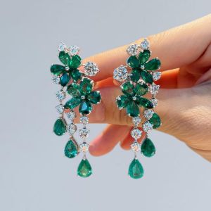 Flower Design Pear & Round Cut Emerald Sapphire Drop Earrings For Women Next Jewelry