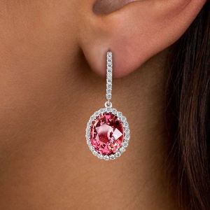 Halo Oval Cut Ruby Sapphire Drop Earrings