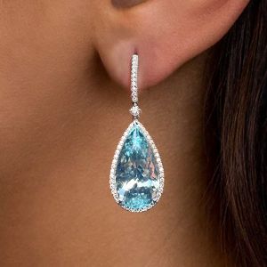 Halo Pear Cut Aquamarine Sapphire Drop Earrings