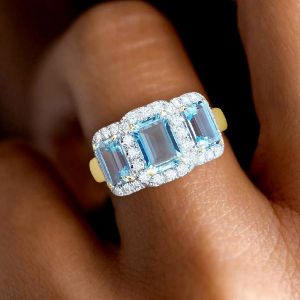 Three Stone Emerald Cut Aquamarine Sapphire Engagement Ring