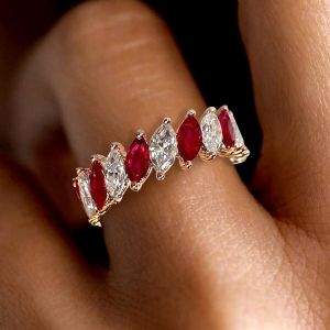 Tiara Design Marquise Cut Ruby & White Sapphire Wedding Band