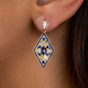 Golden Kite Shaped Blue Sapphire Drop Earrings For Women