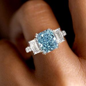 Three Stone Radiant Cut Blue Sapphire Engagement Ring