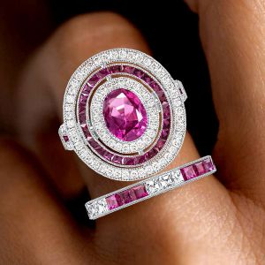 Art Deco Halo Oval Cut Ruby Sapphire Bridal Sets