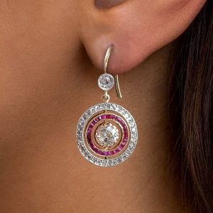 Two Tone Halo Round Cut Ruby Sapphire Drop Earrings