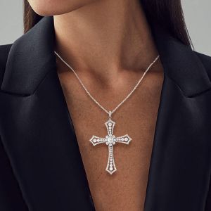 Vintage Round Cut White Sapphire Cross Pendant Necklace