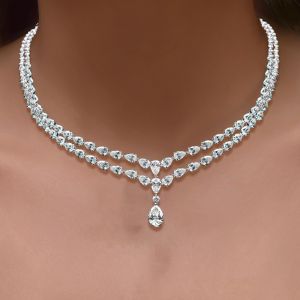 Classic Two Row Pear Cut White Sapphire Pendant Necklace For Women