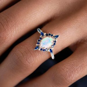 Rose Gold Halo Oval Cut Opal & Blue Sapphire Engagement Ring For Women Next Jewelry