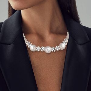 Elegant Round Pearl Sapphire cluster necklace For Women 