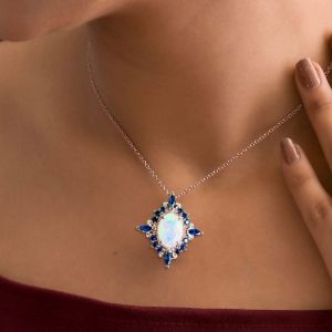 Rose Gold Halo Oval Cut Opal & Blue Sapphire Pendant Necklace