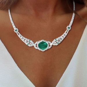 Art Deco Halo Oval Cut Emerald Sapphire Necklace