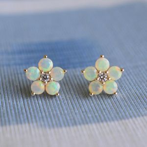 Golden Flower Design Round Cut Opal Stud Earrings For Women