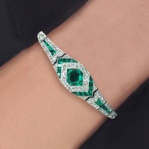 Art Deco Halo Asscher Cut Emerald Sapphire Bracelet For Women 