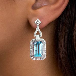 Art Deco Milgrain Emerald Cut Aquamarine Sapphire Drop Earrings