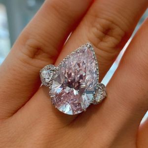 Halo Three Stone Pear Cut Pink Sapphire Engagement Ring For Women