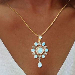 Vintage Golden Round & Oval Cut Opal Pendant Necklace