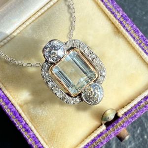 Two Tone Art Deco Emerald Cut Aquamarine Pendant Necklace