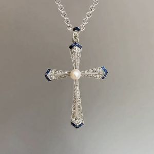 Art Deco Round Cut Pearl Sapphire Cross Pendant Necklace
