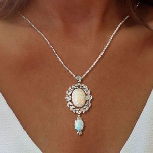 Vintage Milgrain Wreath Design Oval Cut Opal Pendant Necklace