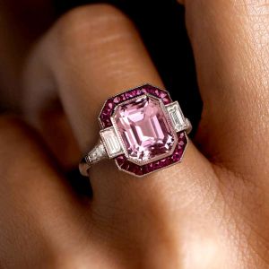 Ruby Halo Mligrain Emerald Cut Pink Sapphire Engagement Ring