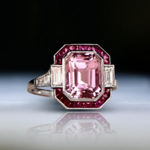 Ruby Halo Mligrain Emerald Cut Pink Sapphire Engagement Ring