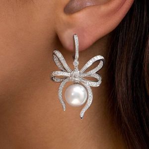 Elegant Bow Design Round Cut Pearl Sliver Drop Earrings For Women