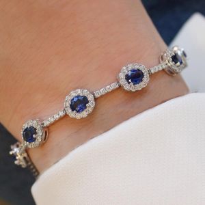 Elegant Halo Oval Cut Blue Sapphire Bracelet For Wome