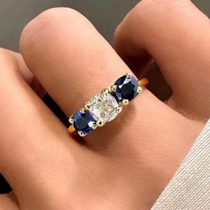 Golden Three Stone Cushion Cut White & Blue Sapphire Wedding Band For Women Next Jewelry