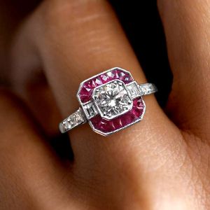 Vintage Halo Radiant Cut Ruby & White Sapphire Engagement Ring For Women