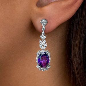 Halo Oval Cut Amethyst Sapphire Drop Earrings For Women