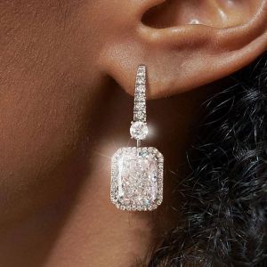 Halo Radiant Cut White Sapphire Drop Earrings For Women