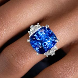 Three Stone Cushion Cut Blue Sapphire Engagement Ring For Women Next Jewelry