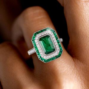 Halo Emerald Cut Emerald Sapphire Engagement Ring For Women