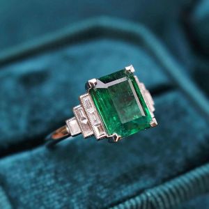 Art Deco Emerald Cut Emerald Sapphire Engagement Ring For Women