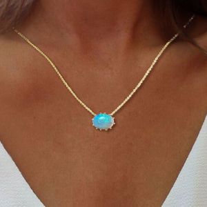 Vintage Golden Oval Cut Blue Opal Pendant Necklace For Women